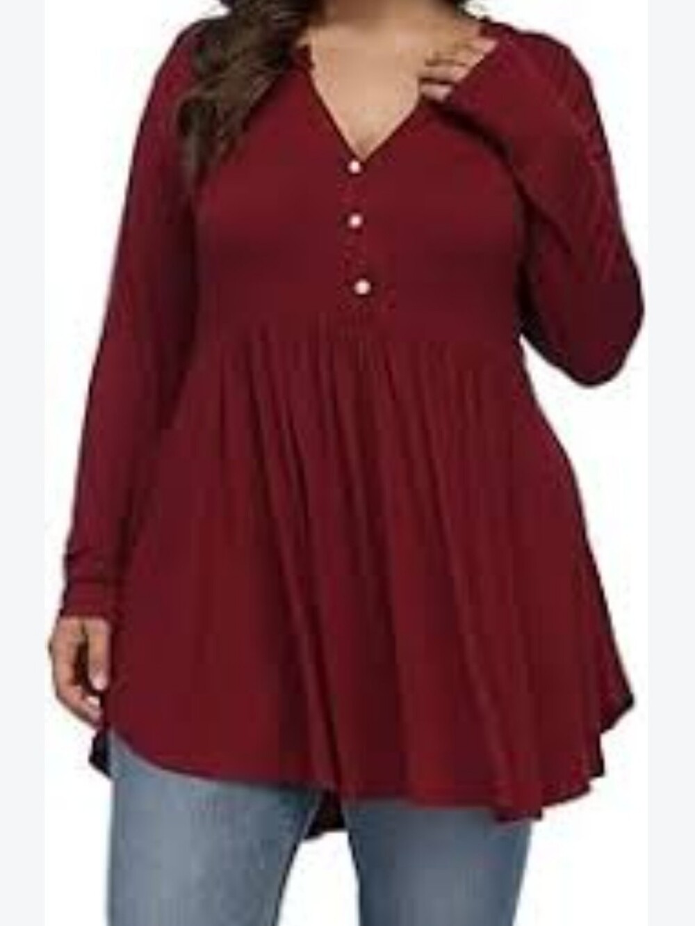 Allegrace Women's Plus Long Sleeve V-Neck Babydoll Top - Burgundy